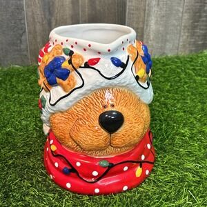 1998 Lefton Christmas Dog Mug Rupert Lights Sweater Holiday Cup‎ Vintage